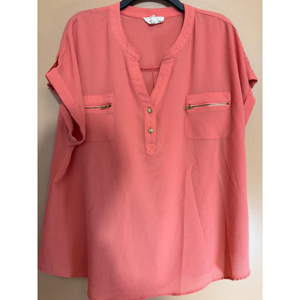 Flower & Feather Coral Pink‎ Zipper Pocket Blouse Short Sleeve Top 3XL
